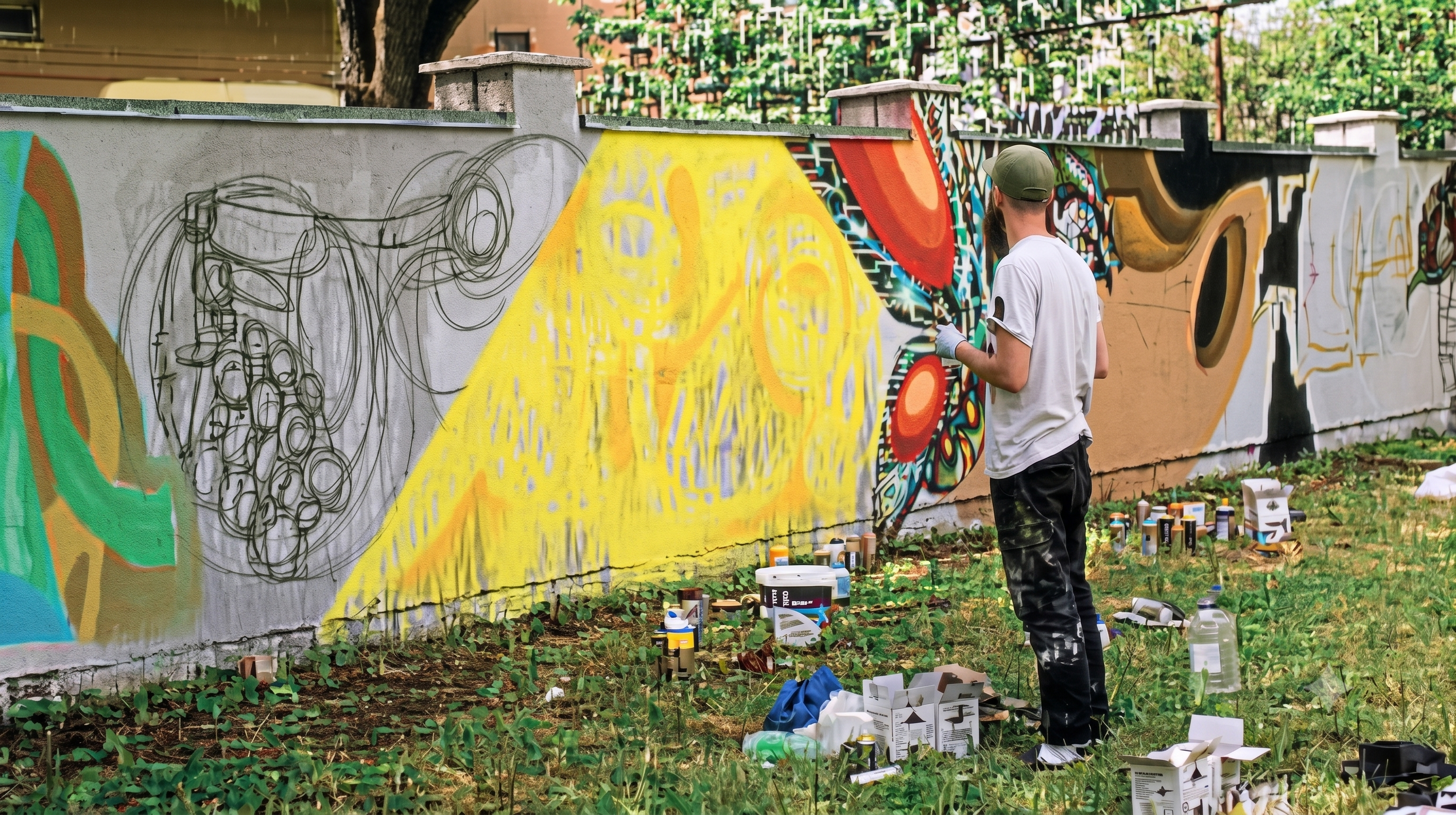 A man painting a colorful graffiti mural on a wall